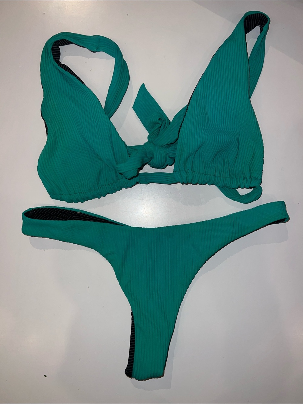 Acacia Pine Ribbed Tie-Front Bikini Set - Women Swim